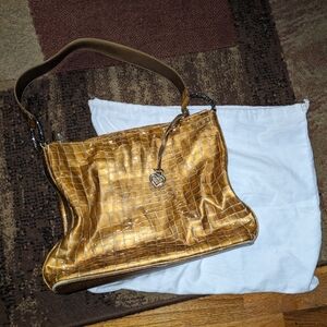 Vintage BRIGHTON Gold Shiny Patent Croc-Embossed Leather Slouchy Shoulder Bag